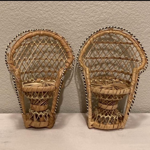 Other - Mini Vintage Boho Wicker Rattan Natural Peacock Fan Doll Plant Chairs Set